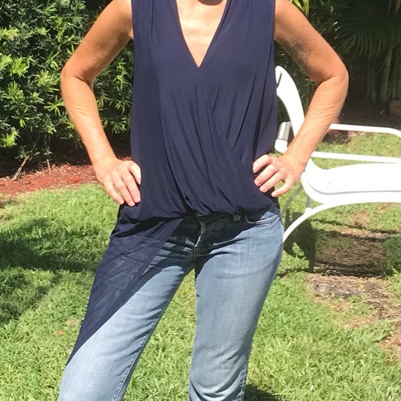 Bebe Dark Blue Sleeveless Asymmetrical Blouse - Picture 4 of 4